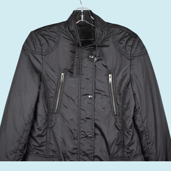 Banana Republic Coat Women's Medium Black Quilted Puff Fall Jacket Zip Pockets - Picture 5 of 11
